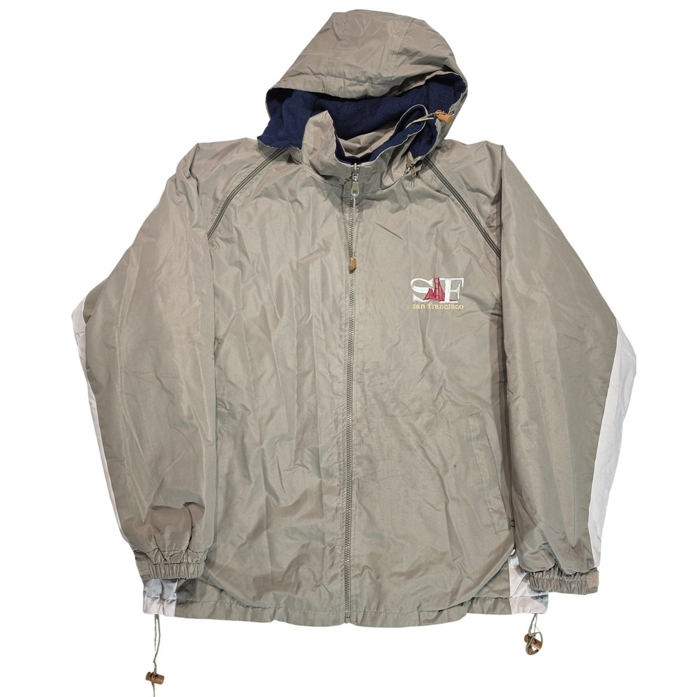 San Francisco Reversible Hooded Jacket Mens Large‎ Tan Windbreaker Navy Fleece